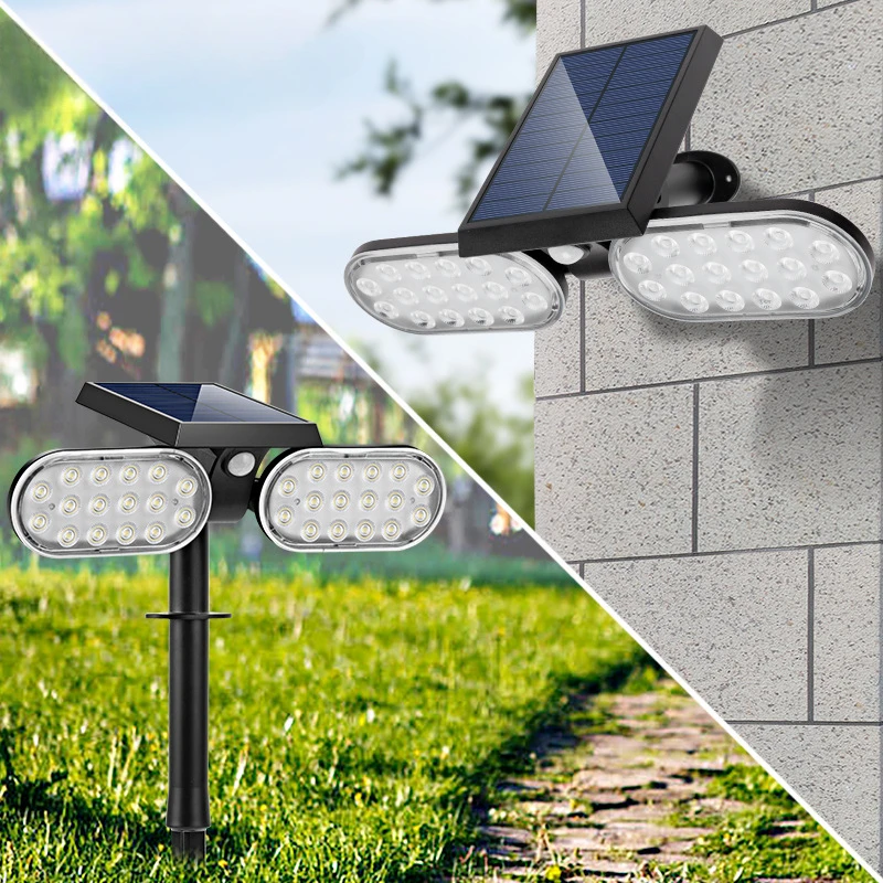 Solar Outdoor Dual Head Wall Lamp Household Floor Mounted LED Lawn Lamp Courtyard Rotating Human Body Sensing Spotlight