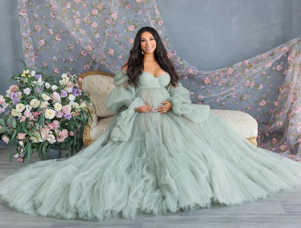 New Arrival Sage Green Maternity Dresses for Photo Shoot Off the Shoulder  Fluffy Ruffle Tulle Maternity Dress Babyshower Gowns - AliExpress 200000345