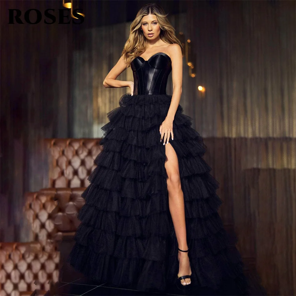 

ROSES Black Tiered Long Party Dresses Sweetheart Sleeveless Vintage Night Dress Side Split Celebrity Dresses vestidos de fiesta