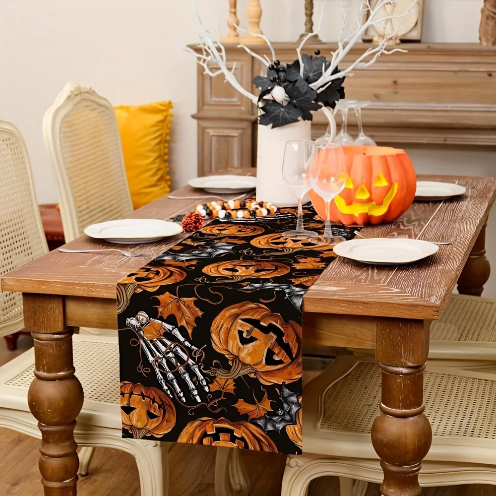 1 Halloween Themed Table Runner, Decorative Pumpkin, Bat, Skull Elements, Suitable for Parties, Restaurants, B&Bs, Markets, Holiday Decorations.