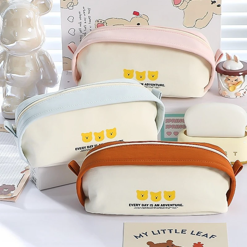 Simple and Stylish Cute Color Blocked Three Bear Pencil Case Multifunctional Storage Bag Niche and Unique Stationery Bag