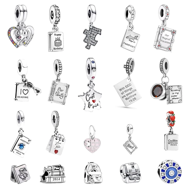 Hot Sale Authentic Fine Schoolbag books Jigsaw Puzzle Charm Beads Fit Original 925 Sterling Silver Pandora Bracelet DIY Jewelry