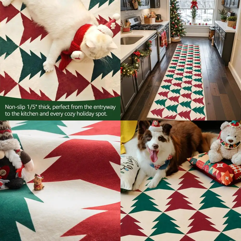 

Red & Green Christmas Tree 2x8 Kitchen Runner, Holiday Rug for Hallway, Bathroom, Stairway, Laundry, and Bedroom - Non-Slip, Was