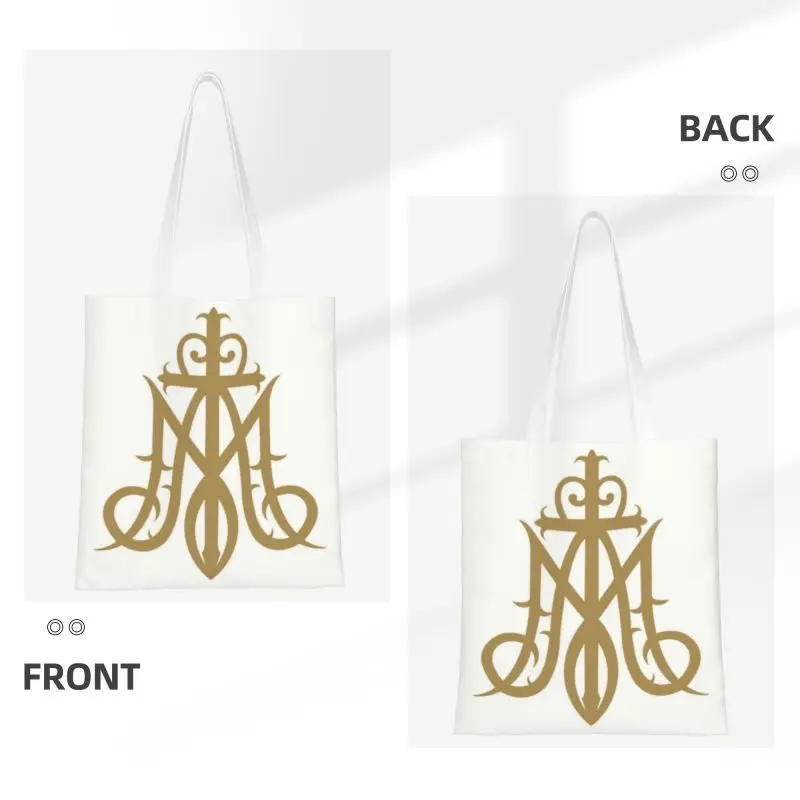 Virgin Mary Monogram Ave Maria Shopping Tote Bag Reusable Ave Maria Catholic Christian Grocery Canvas Shopper Shoulder Bag