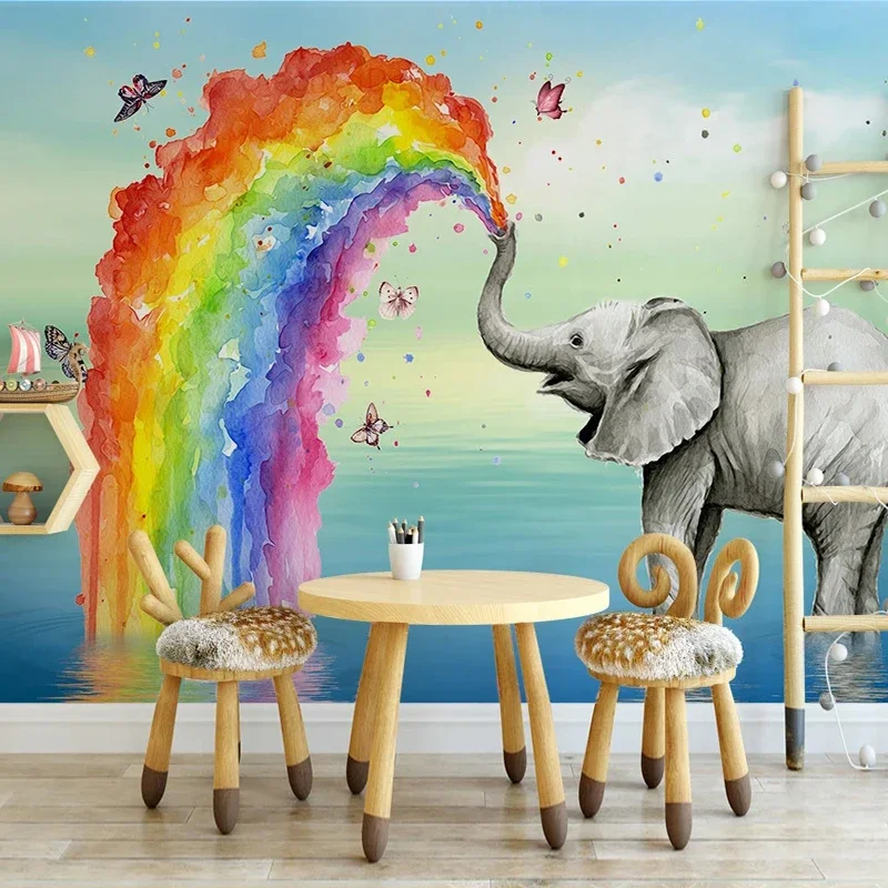 

Custom Mural Wallpaper Animal Hand Painted Cartoon Rainbow Elephant Wall Painting Children Room Kindergarten Bedroom Decoration