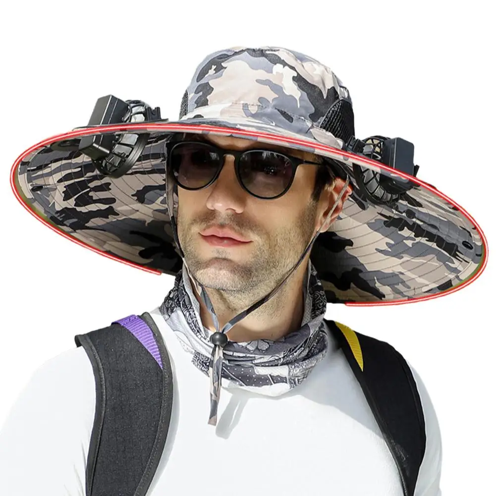 Batería recargable con ventilador incorporado para hombre, protección solar desmontable de ala grande a lo largo del borde de la gorra, sin caída, estilo Shad F0M7