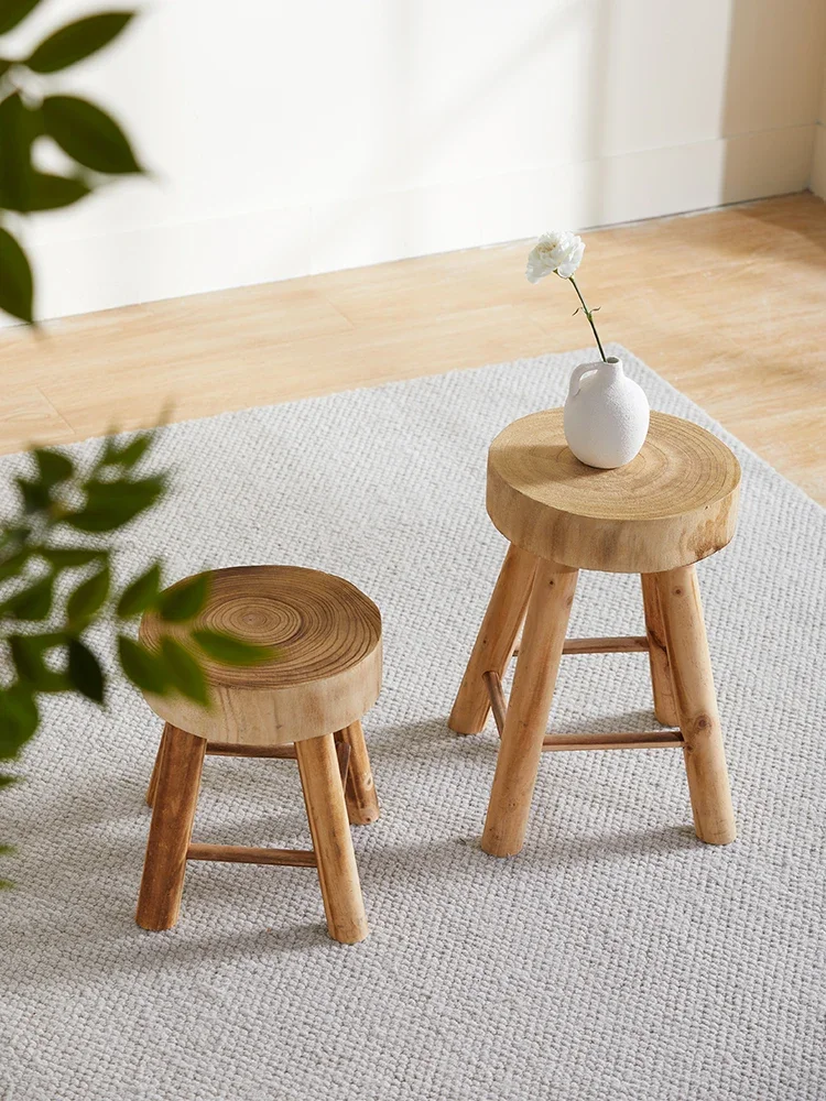 Solid wood charcoal burned chairs, retro vintage round stools, household low stools, Nordic minimalist, unpainted benches