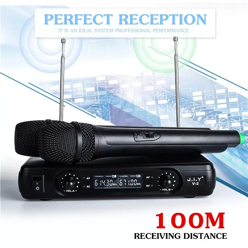 

2 Channel Dual Cordless Handheld Mic Wireless Microphone System With LCD Display High-fidelity Stability Large Receiving