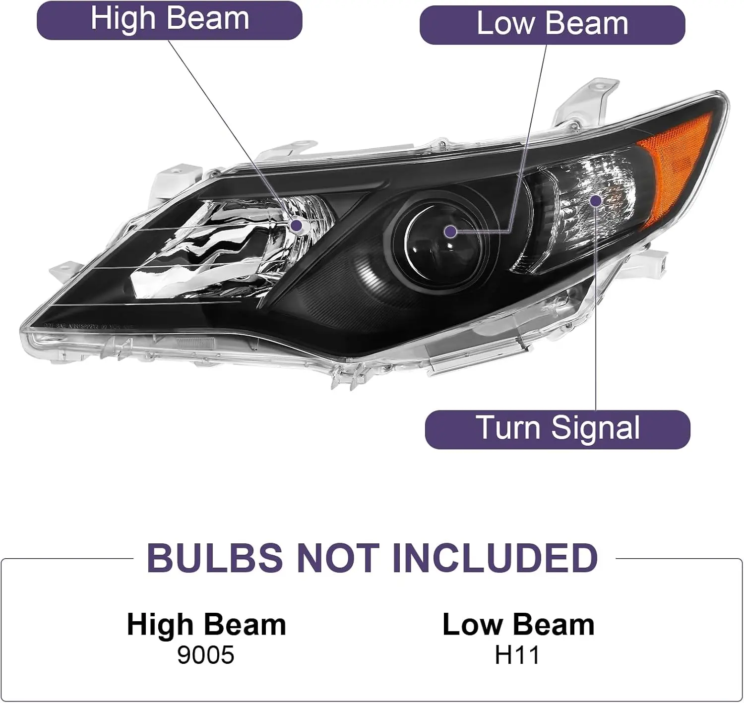 Black Housing Amber Reflector Headlight Assembly for 2012-2014 Camry L/LE/XLE/Hybrid (12, 13, 14)