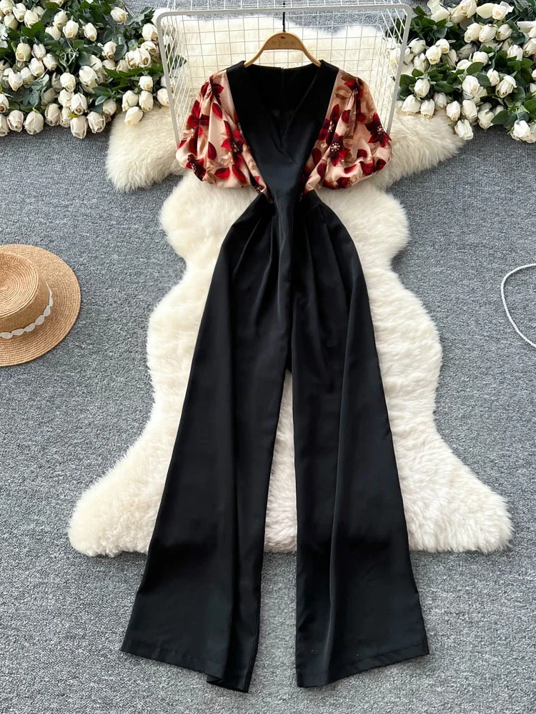 Verão feminino com decote em v manga bolha macacão de cintura alta nova moda praia férias temperamento casual calças largas perna c310