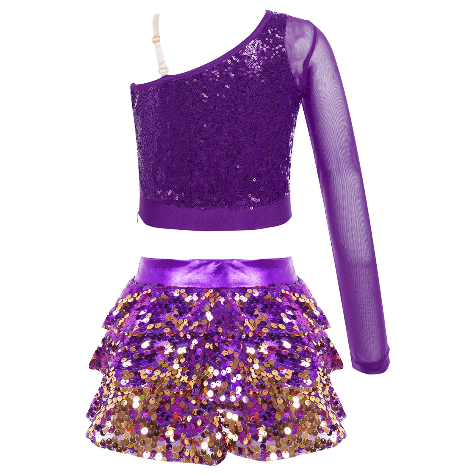 Kids Girls Dance Dresses Latin Jazz Modern Dance Show Costume Sequin Long Sleeve Crop Tops and Skirted Culottes Cheer Dancewear