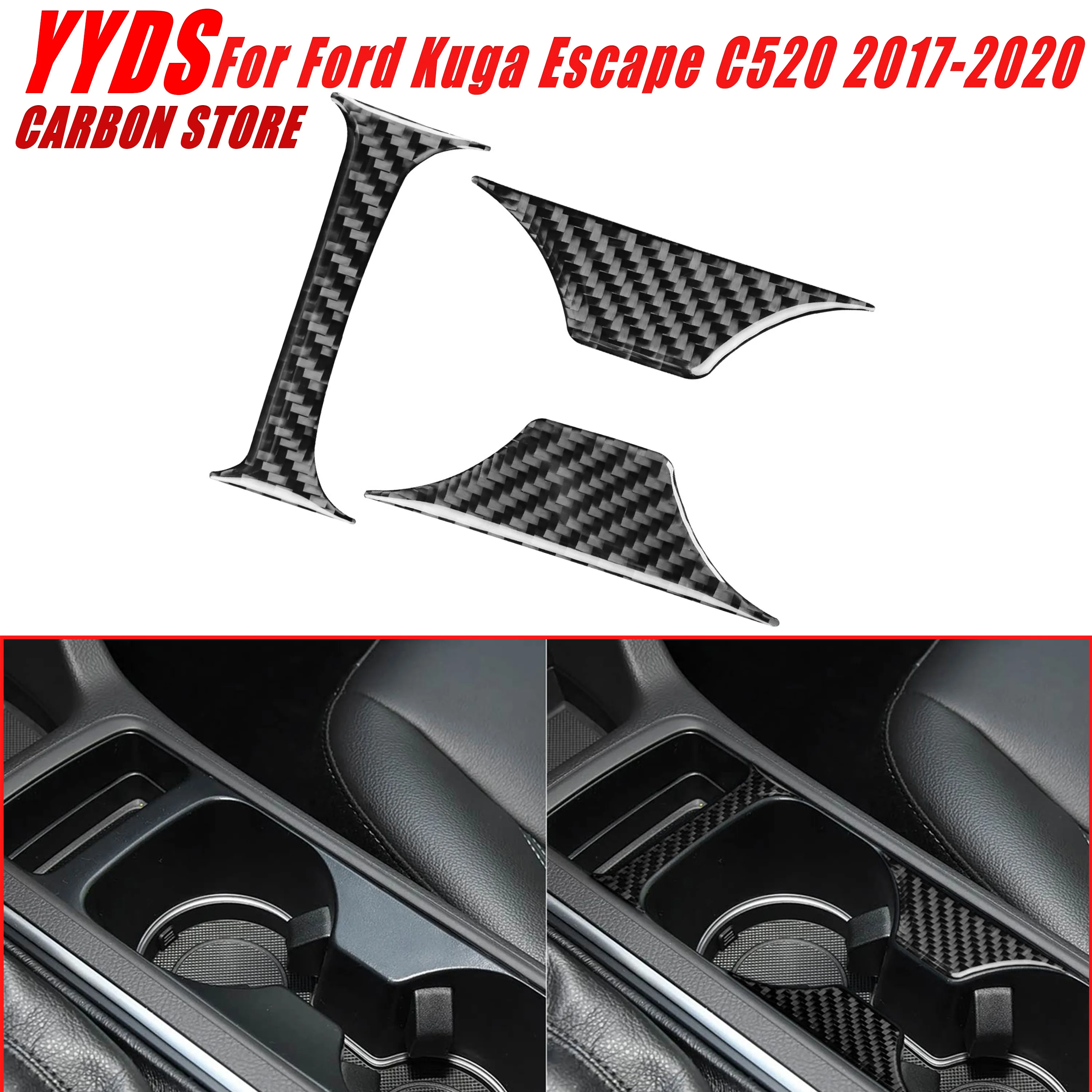 For Ford Kuga Escape C520 2017-2020 Real Soft Carbon Fiber Car Interior Center Console Water Cup Holder Decoration Cover 3Pcs