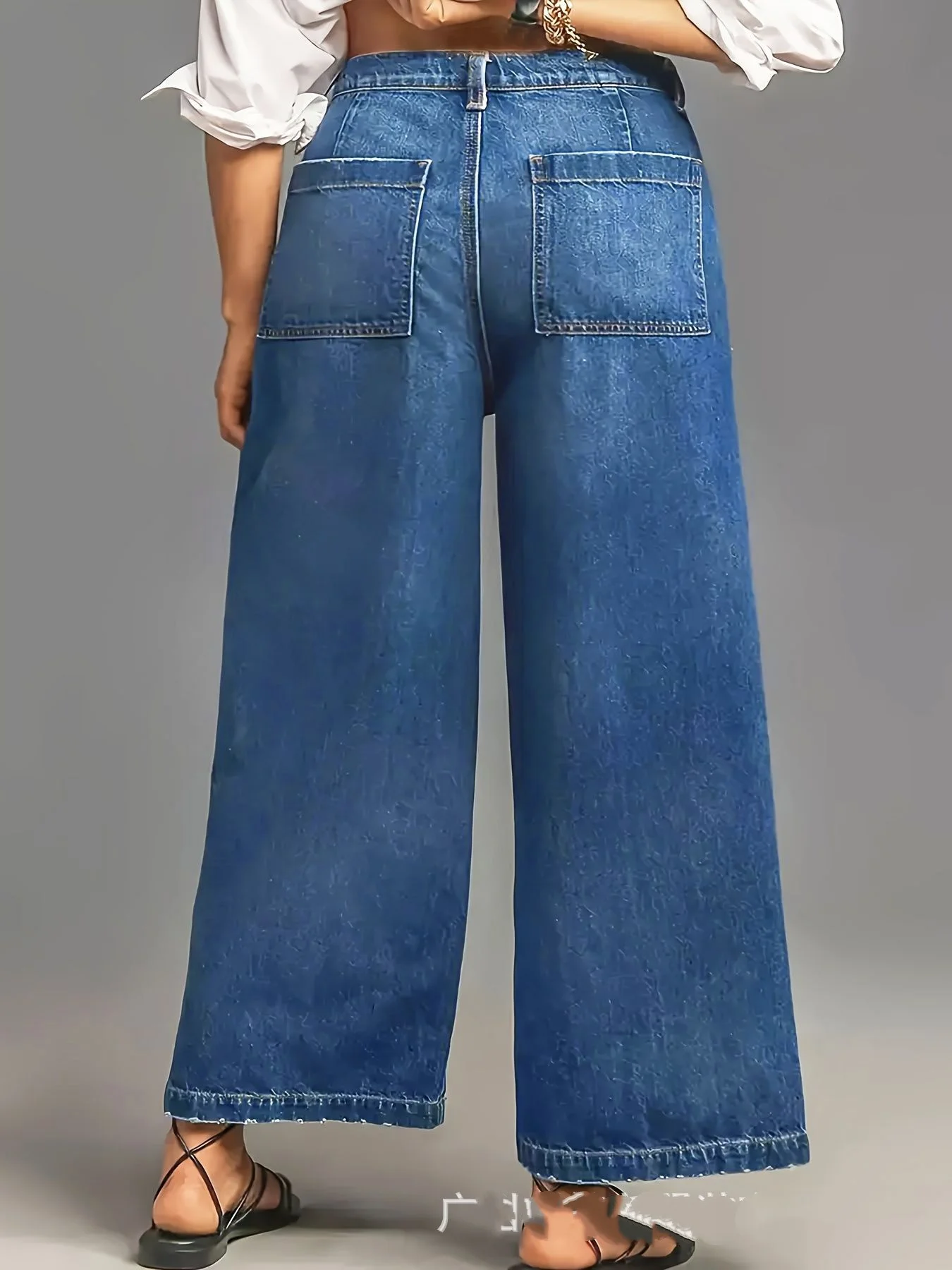 

Vintage Faded Wide Leg Jeans Women High Waist Large Pockets Loose Slimming Straight Nine Crop Casual Pants Slim Fit Trousers