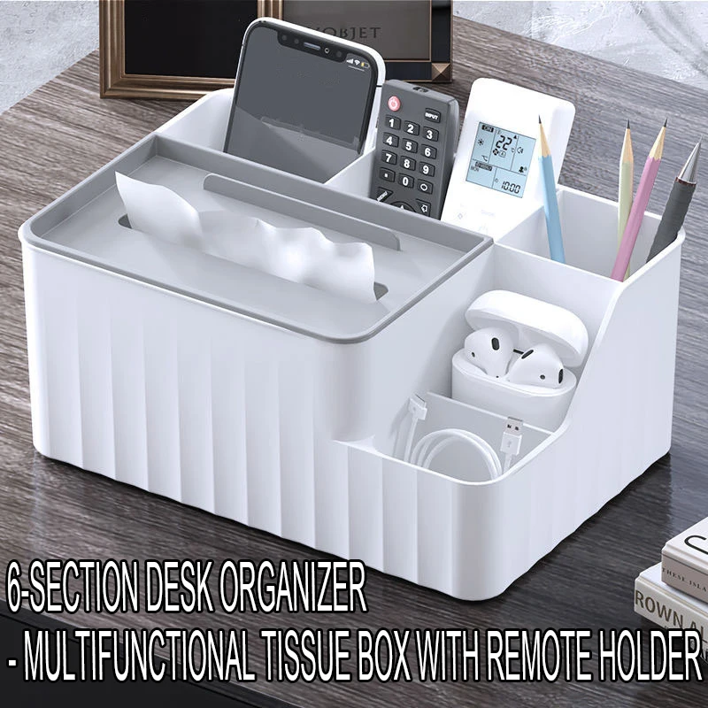 6-Section Desk Organizer - Multifunctional Tissue Box With Remote Holder Plastic Storage For Living Room Kitchen & Office