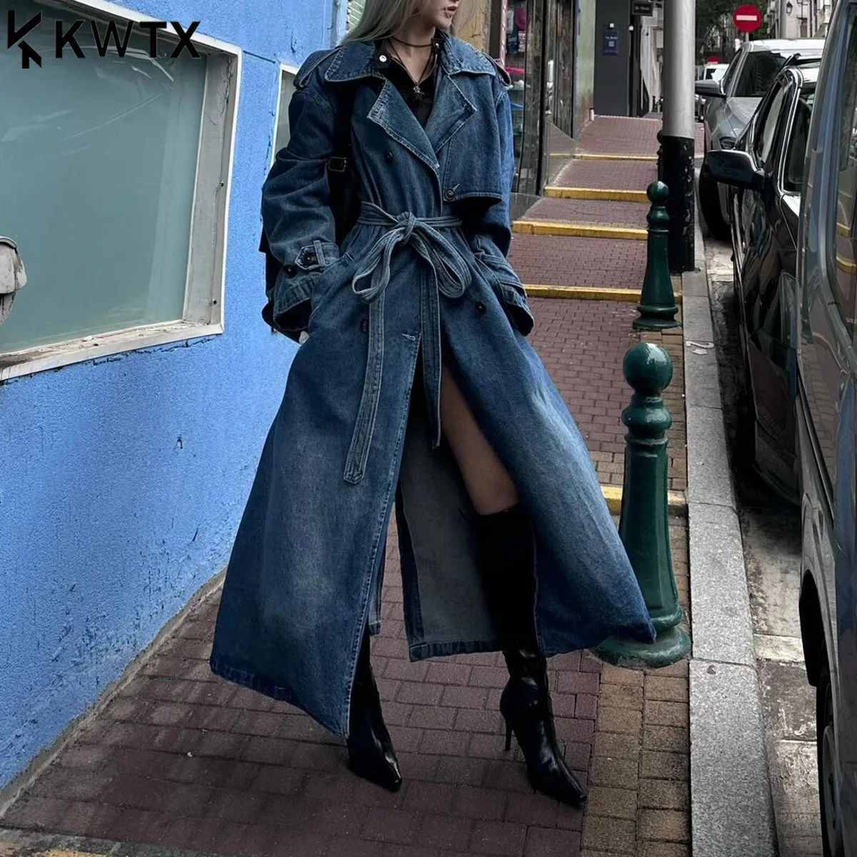 

KWTX Women’s Blue Denim Trench Coat Double Breasted Belted Long Vintage Elegant Casual Comfortable Spring Autumn New 2025