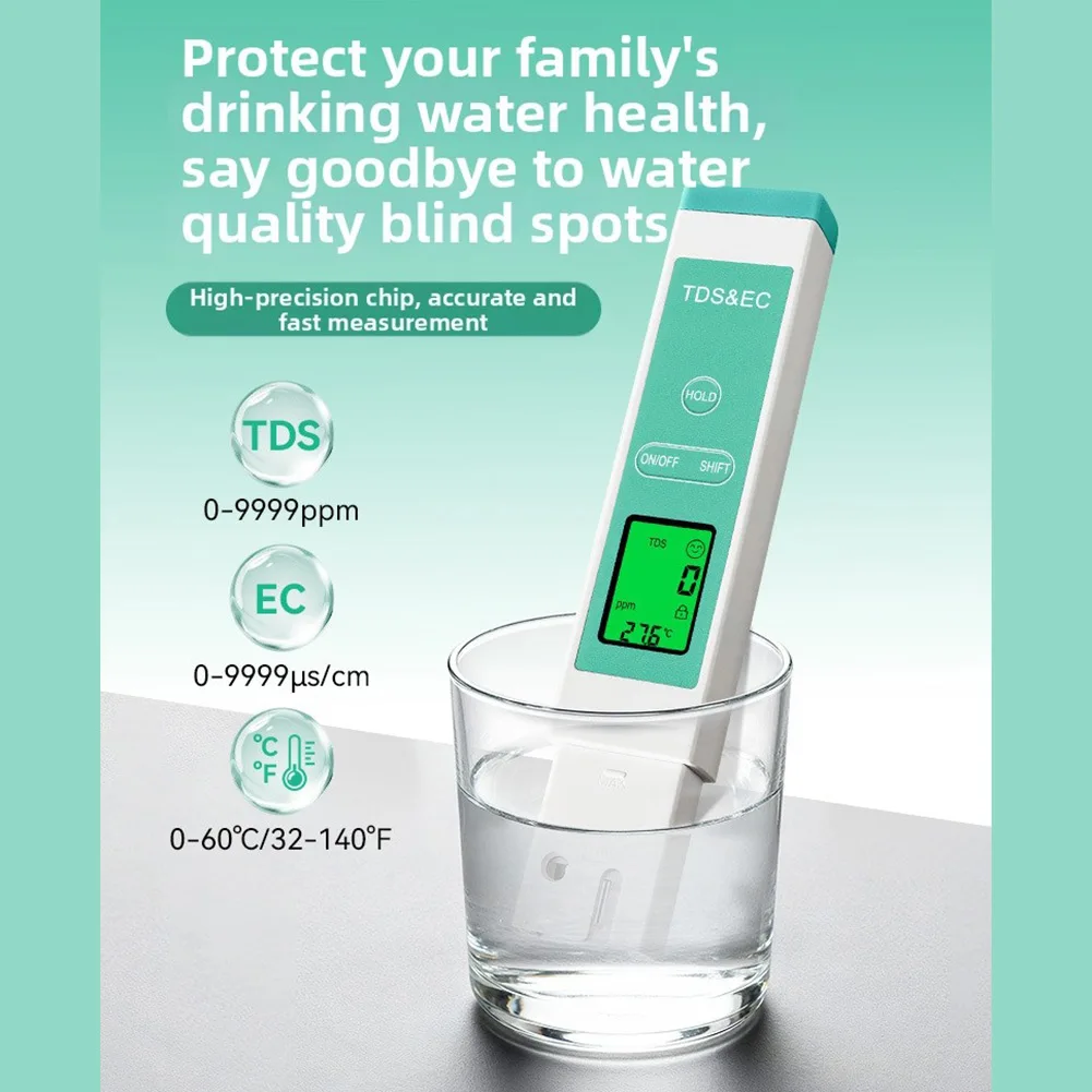 Water Test Pen with Range 0-9990 ppm Range 0-9990 us/cm and Temp Display for Multiple Water Source Applications