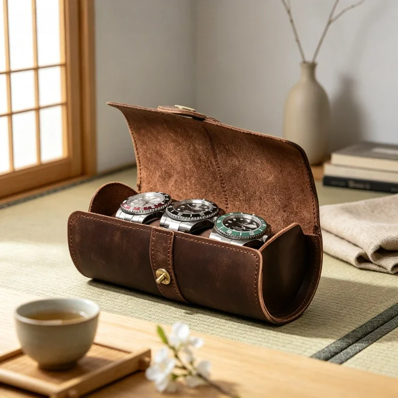 Vintage Leather Watch Roll Travel Case Cylindrical Portable Storage Organizer Holder Pouch for Men Outdoor Business 시계 파우치