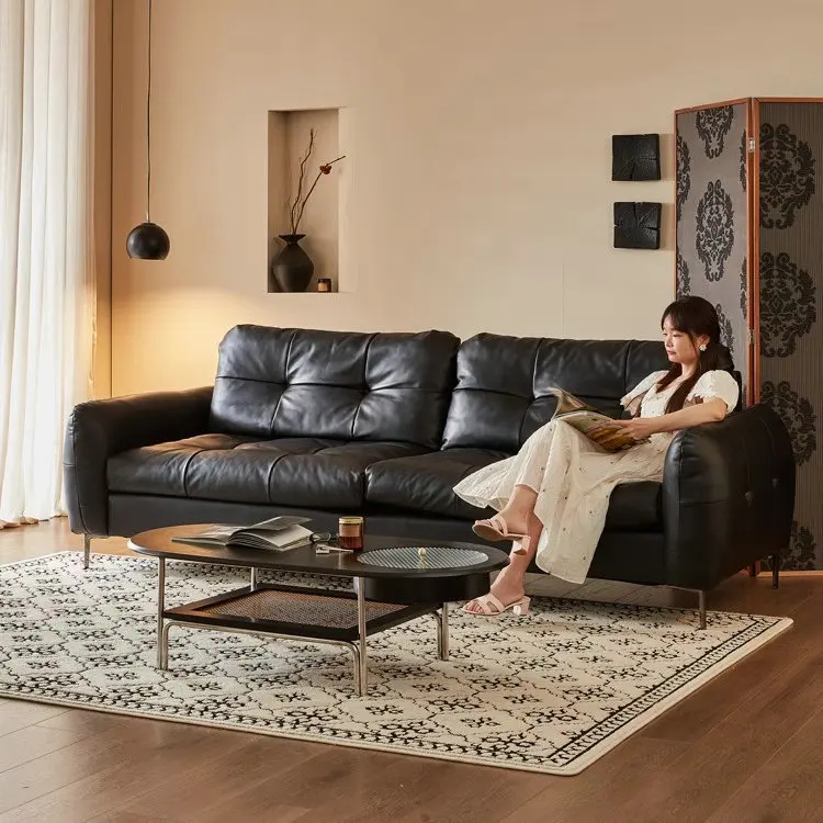 Italian minimalist leather sofa straight row three people Brooklyn French retro style medieval cowhide sofa oil wax leather