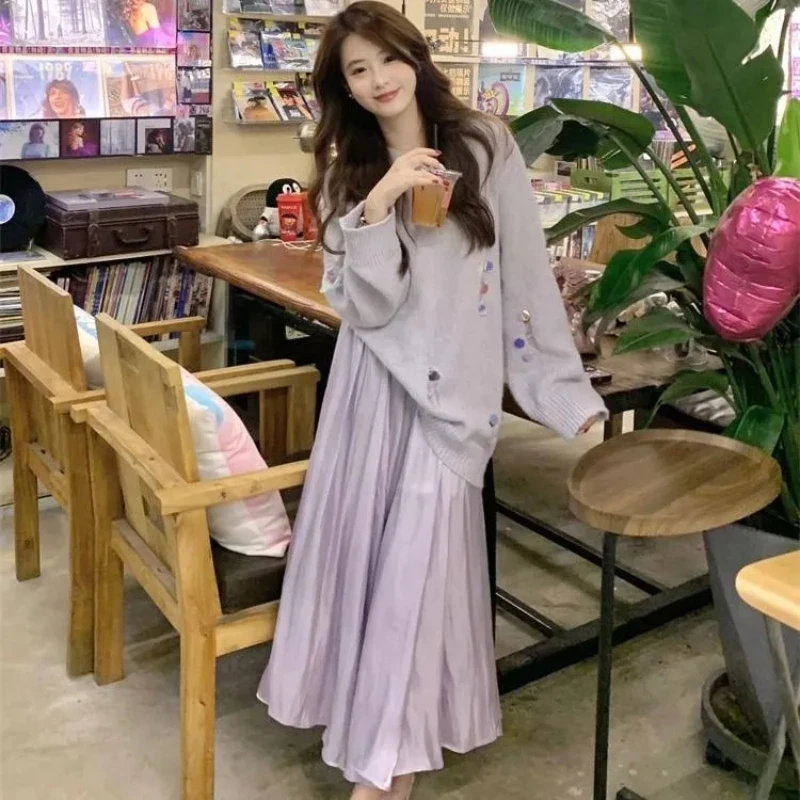 

Свитер с длинными рукавами и блестками нежного ветра, свитер, женская весенне-осенняя свободная юбка, комплект из двух предметов