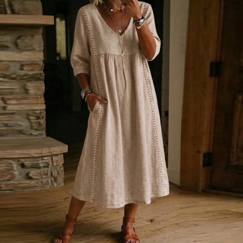 Neues Sommer-Freizeitkleid mit V-Ausschnitt und 3/4-Ärmeln für Strand und Urlaub, Modisches Damenkleid mit Taschen, Einfarbig, A-Linie, Locker Geschnittenes Langes Boho-Kleid