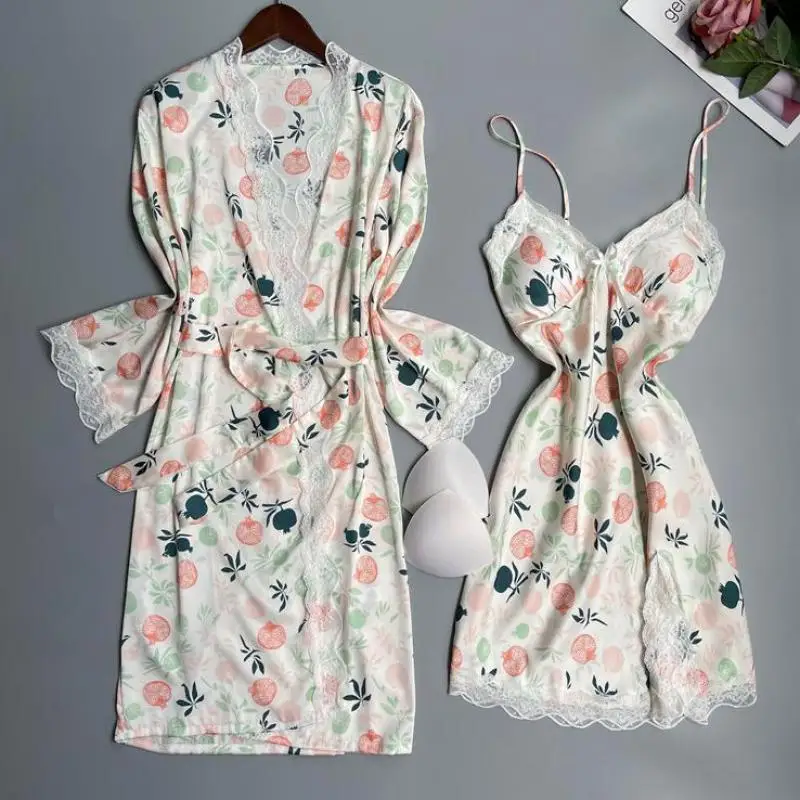 Print Nighty&Robe Set Summer New Bathrobe Gown Women Lace Kimono Sleepwear Casual Silky Satin Nightgown Home Dress Lounge Wear