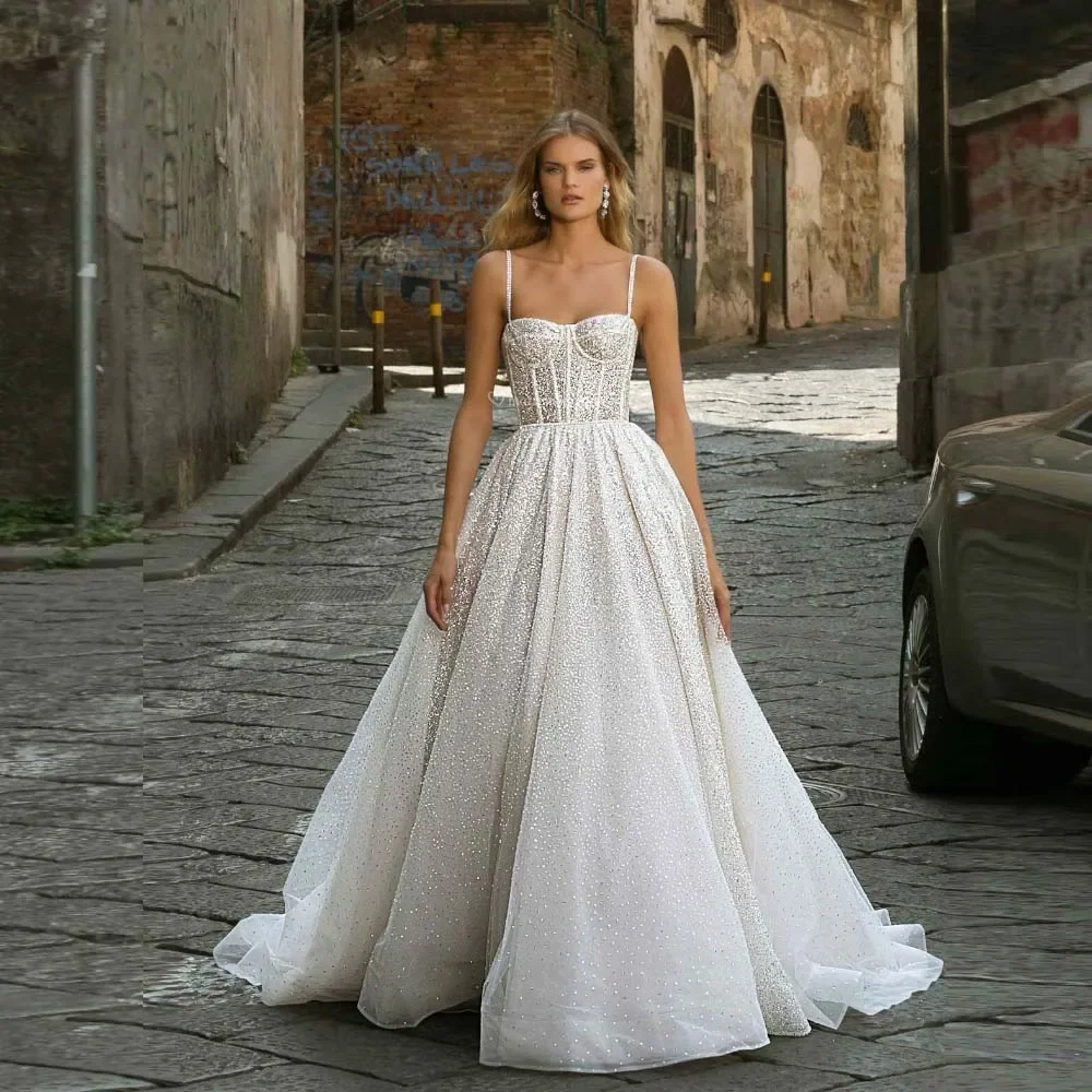 Customized    A Line Spaghetti Straps Wedding Dresses For Women Sparkling Lace Luxury Bridesmaid Made Bridal Gown