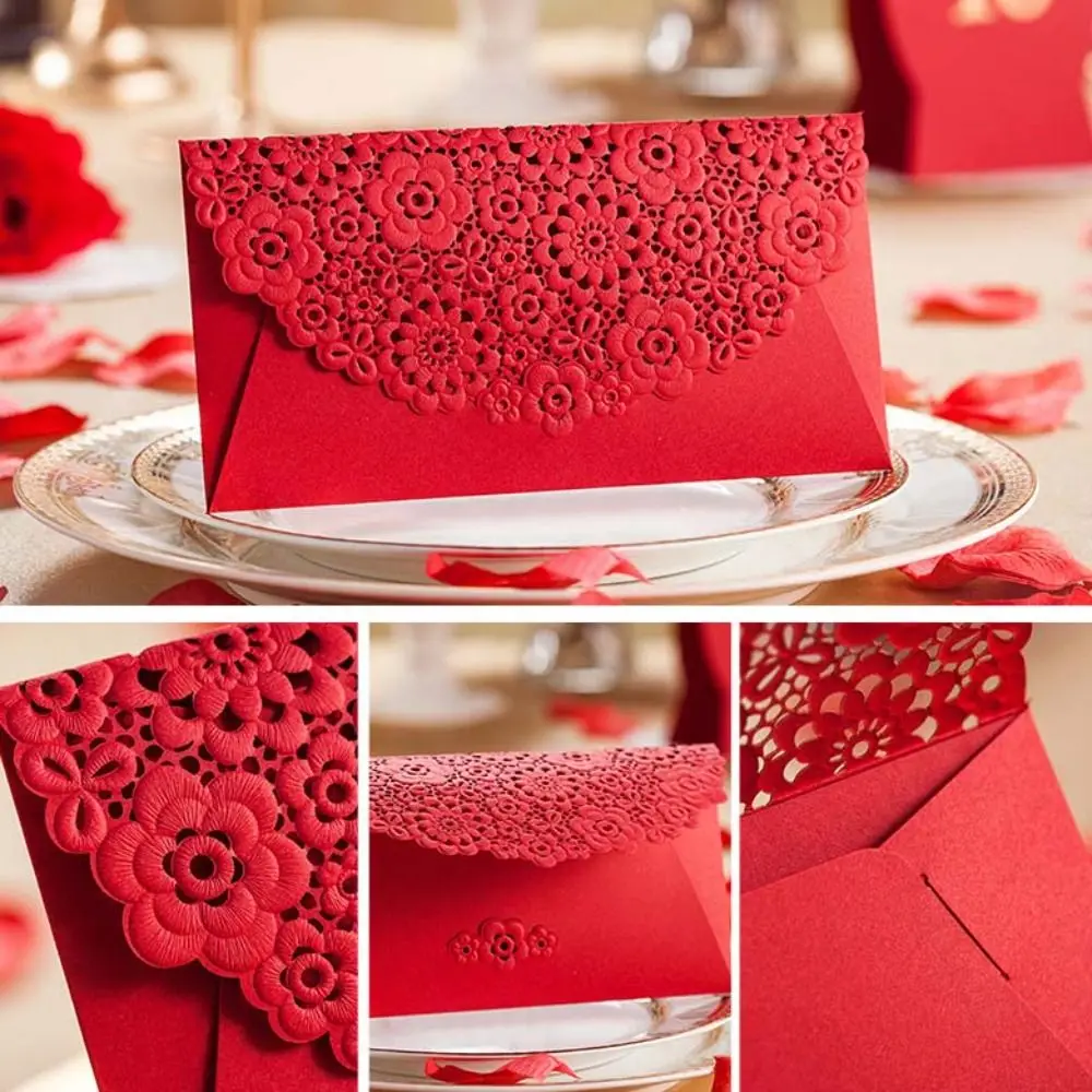 

6pcs Exquisite Laser Engraving Chinese Red Envelopes Hollow Rectangular Lucky Money Bag Embossed Three-dimensional HongBao