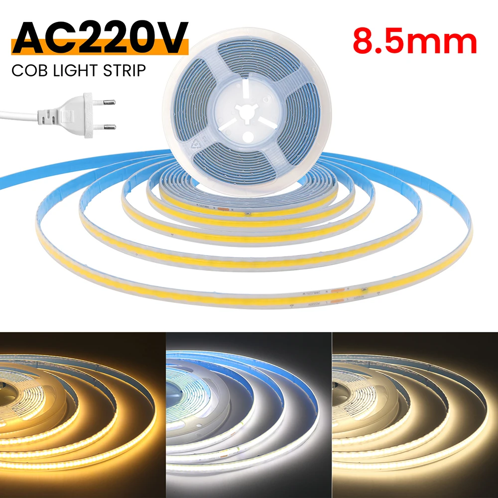 220V 110V Waterproof COB LED Strip Light Tape 2pin Connector/Power Plug Kit 3000k 4000k 6000k 288 LEDs/m Flex Tube Lamp with IC
