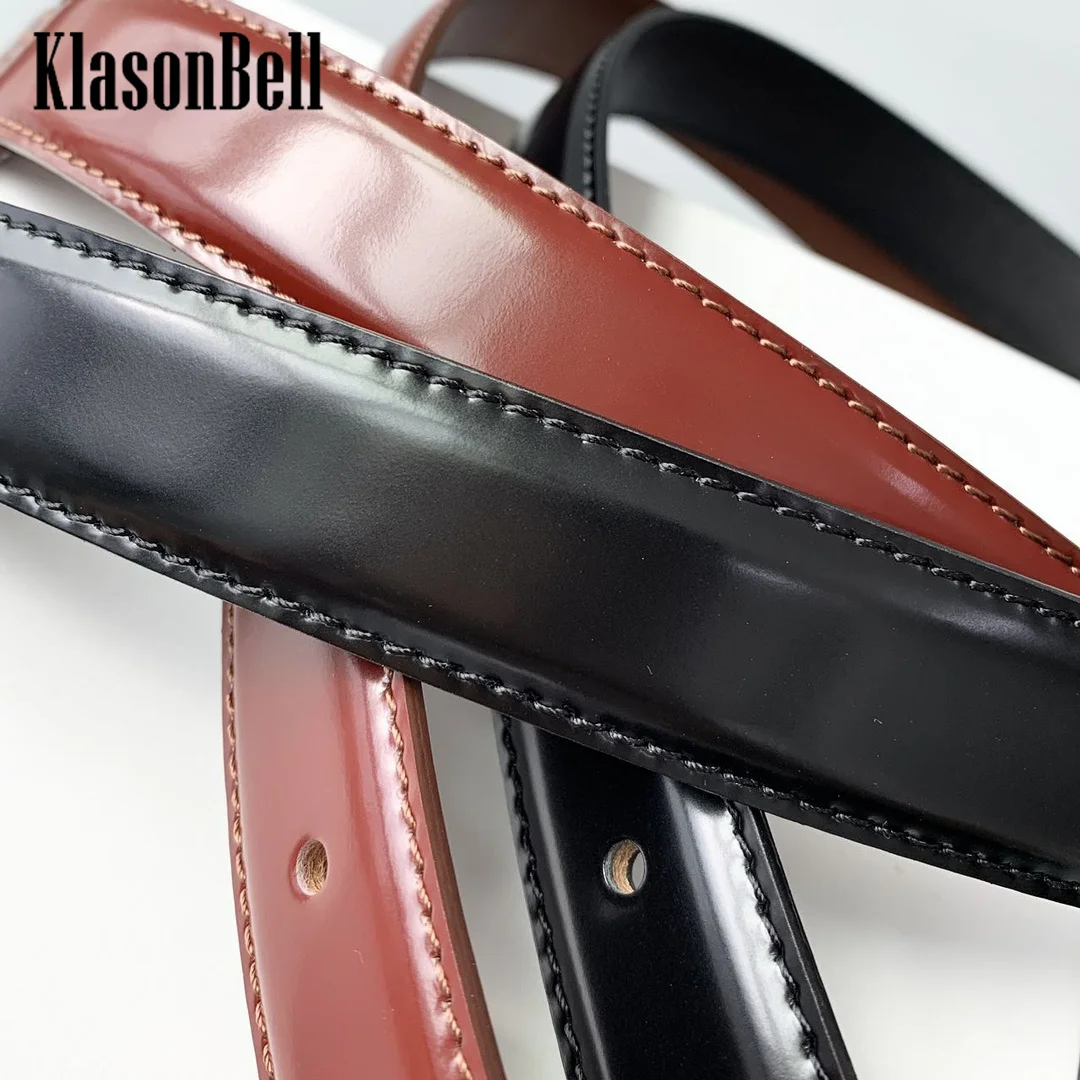 9.6 KlasonBell Women Fashion All-matches Metal Buckle Cowhide Belt Quilted Line Design Glossy Genuine Leather Sashes