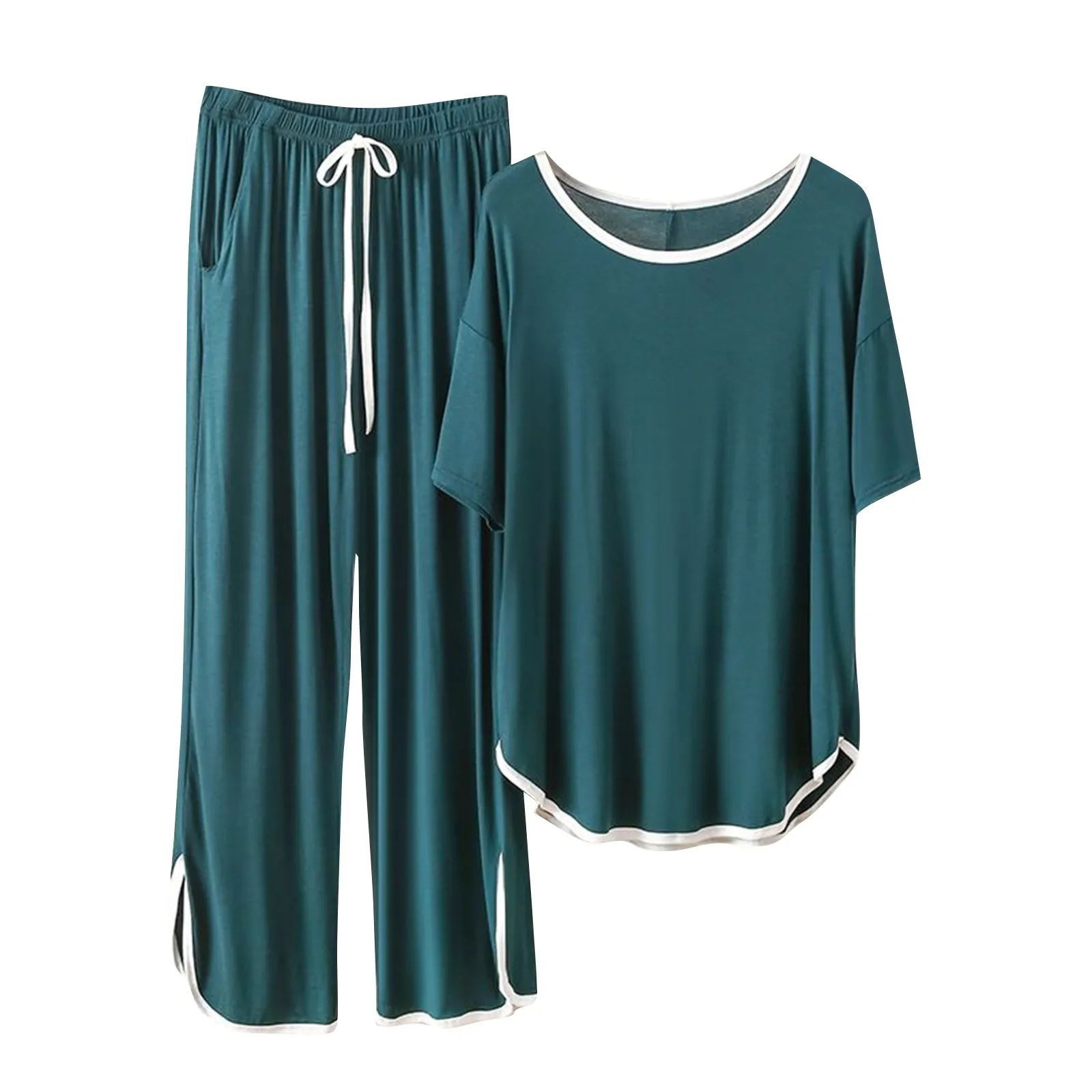 Large Size Solid Color Short Sleeved With Long Drawstring Pants Home Cloth Sets For Women Soft And Ice Silk Breathable Sleepwear