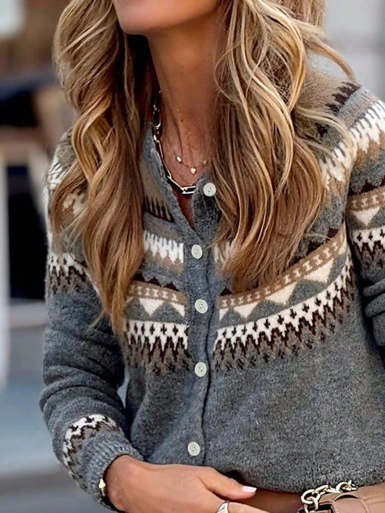 

Женский осенний свитер с круглым вырезом и принтом, уличный повседневный свитер с длинными рукавами и длинными рукавами, однобортный свободный свитер в стиле ретро