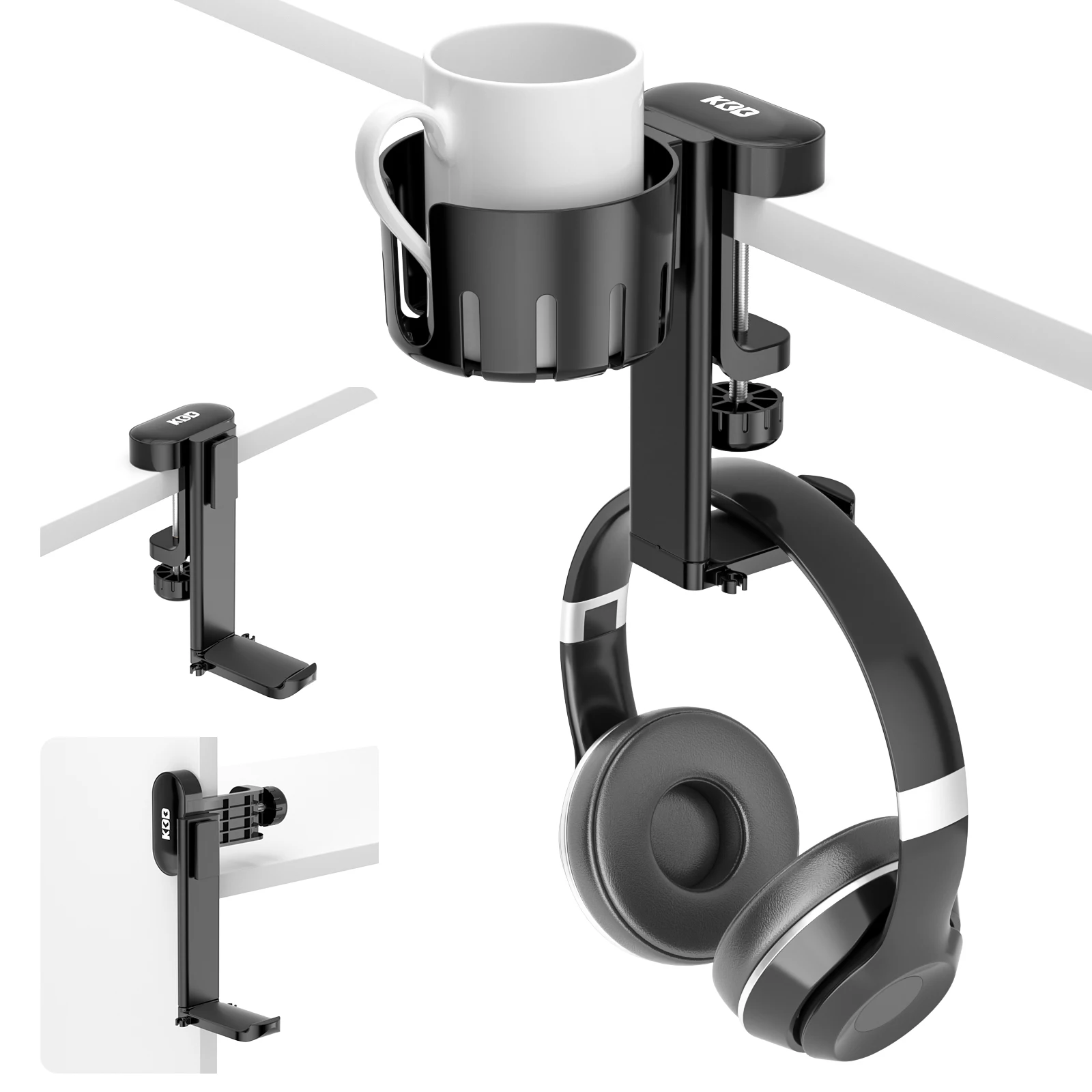 Rotable Headphone Holder 2 in 1 Under Desk Clamp Headset Stand Replaceable Cup Holder for Universal Headset and Cup