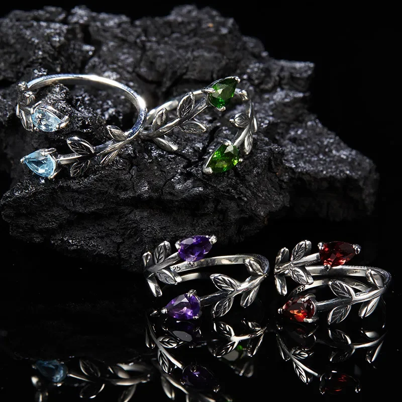 S925 sterling silver natural topaz garnet diopside amethyst colored treasure ring women's double heart shape European and