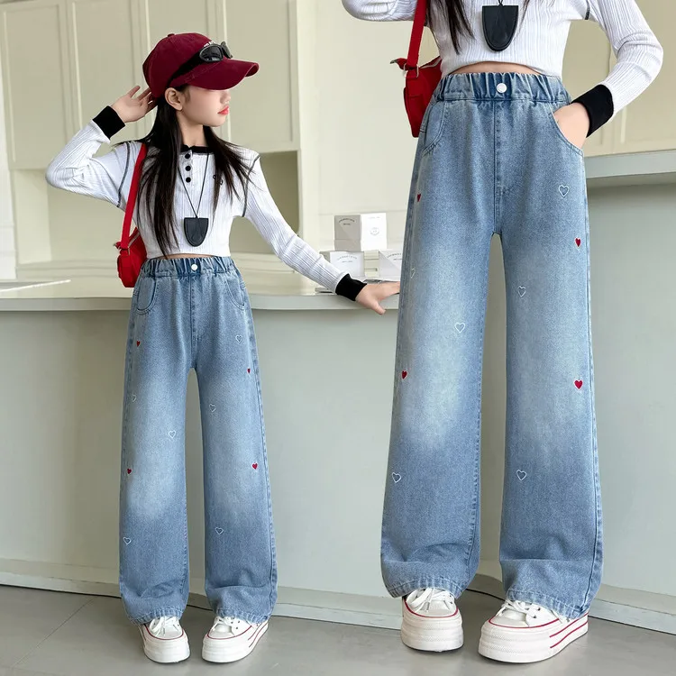 Neue Mädchen-Jeans für Frühling und Herbst mit Weitem Bein, Lässige Gerade Denim-Hose, Bequeme Modische Kinderhose