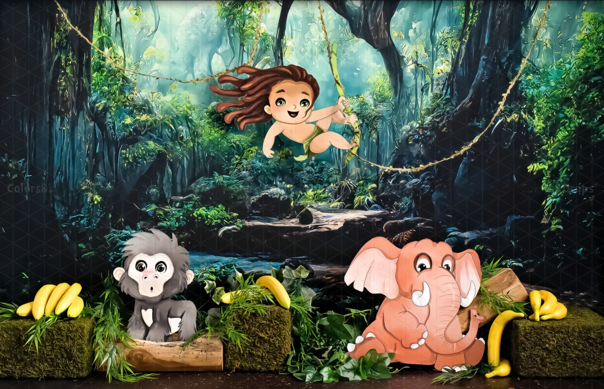 Tarzan Backdrop for Birthday Party Supplies Safari Jungle Photo Background for Baby Tarzan Theme Party Cake Table Decorations