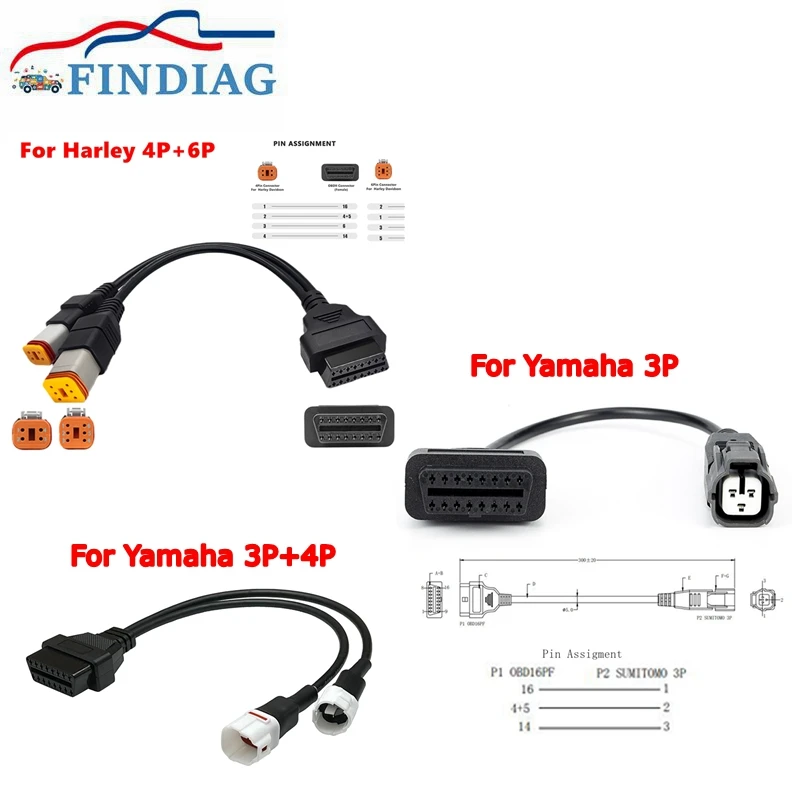 For Harley/YAMAHA 3Pin Motorcycle 6Pin 4Pin Husqvarna To OBD2 Adapter OBD2 Diagnostic Scanner Adapter Cable OBD Scanner