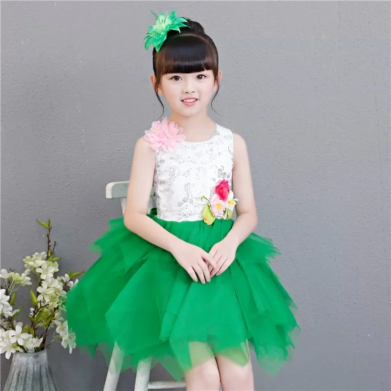Modern Green Dance Dress for Girls Sequin Lyrical Contemporary Freestyle Grass Flower Dance Costume Girls - view 2