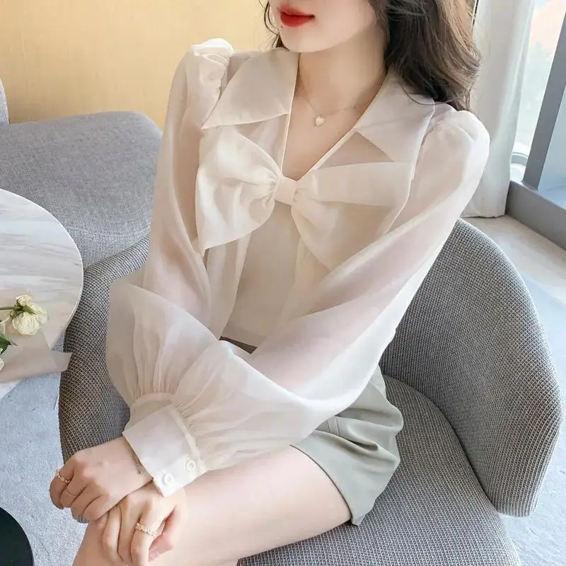 Elegant Bow Lantern Long Sleeve Chiffon Shirt Women\'s Clothing 2023 Spring New Fashion Office Lady Commuter Loose V-Neck Blouses