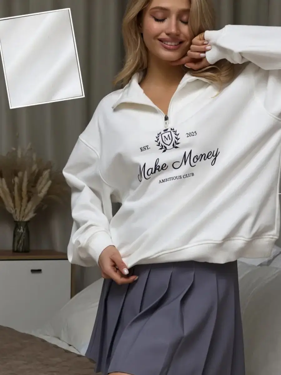 Felpa con colletto rovesciato con zip maglione bianco con grafica distintivo retrò americano Felpa ampia di grandi dimensioni autunno alla moda College Lady Hip Hop