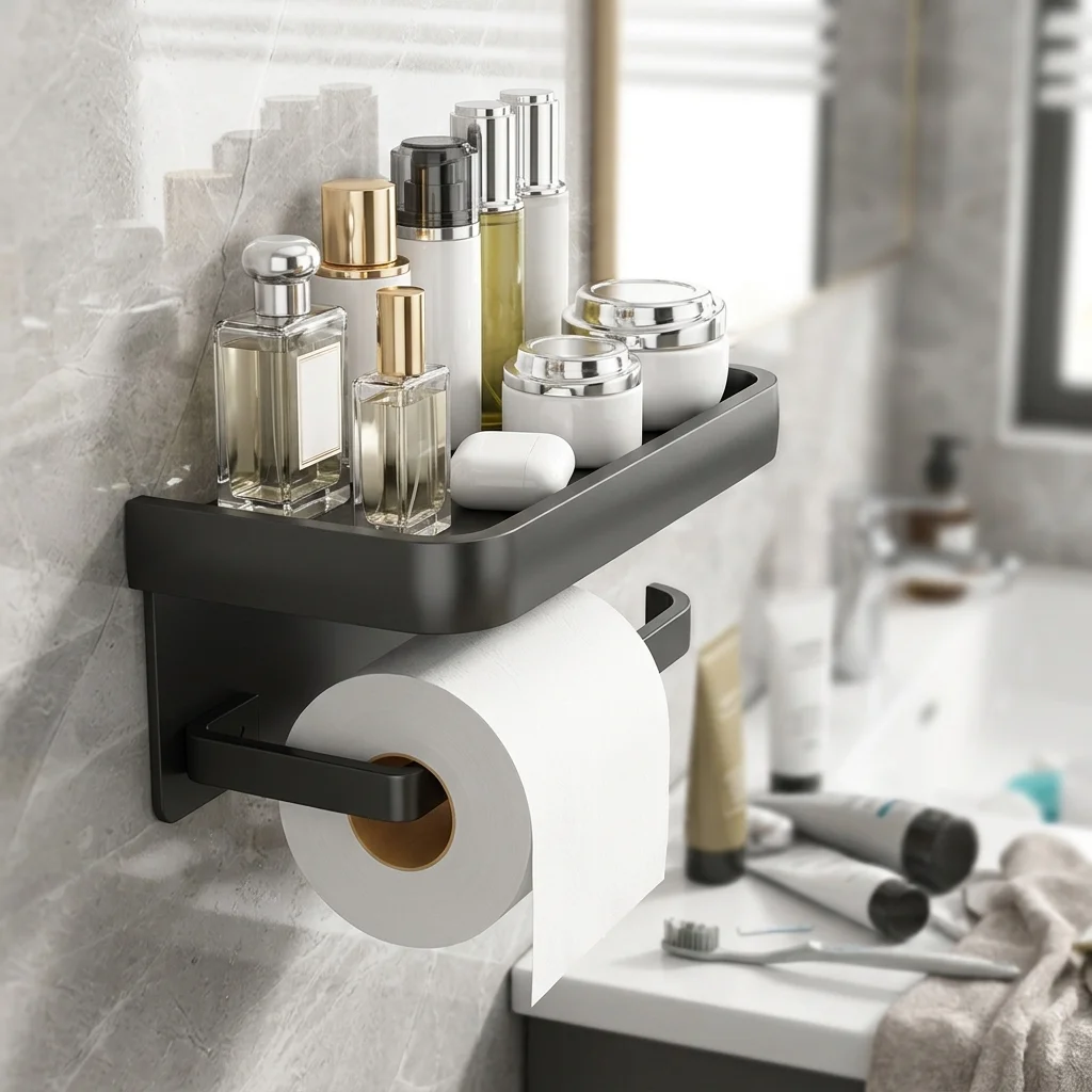 

Bathroom non perforated mobile phone tissue holder storage rack wall mounted aluminum alloy household bathroom roll paper