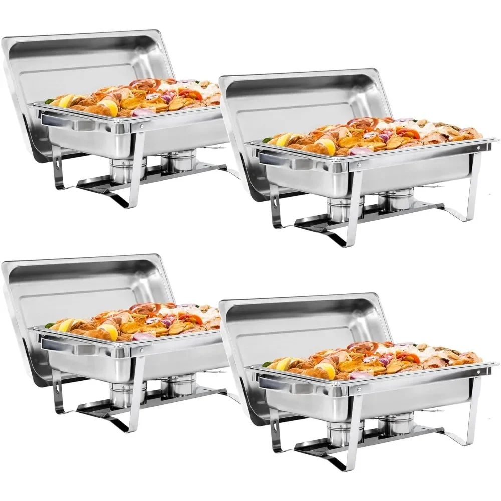 Newest 4 Pack 8QT Food Warmer, Rectangular Chafing Dish Buffet Set w/Foldable Frame Legs, Stainless Steel Full