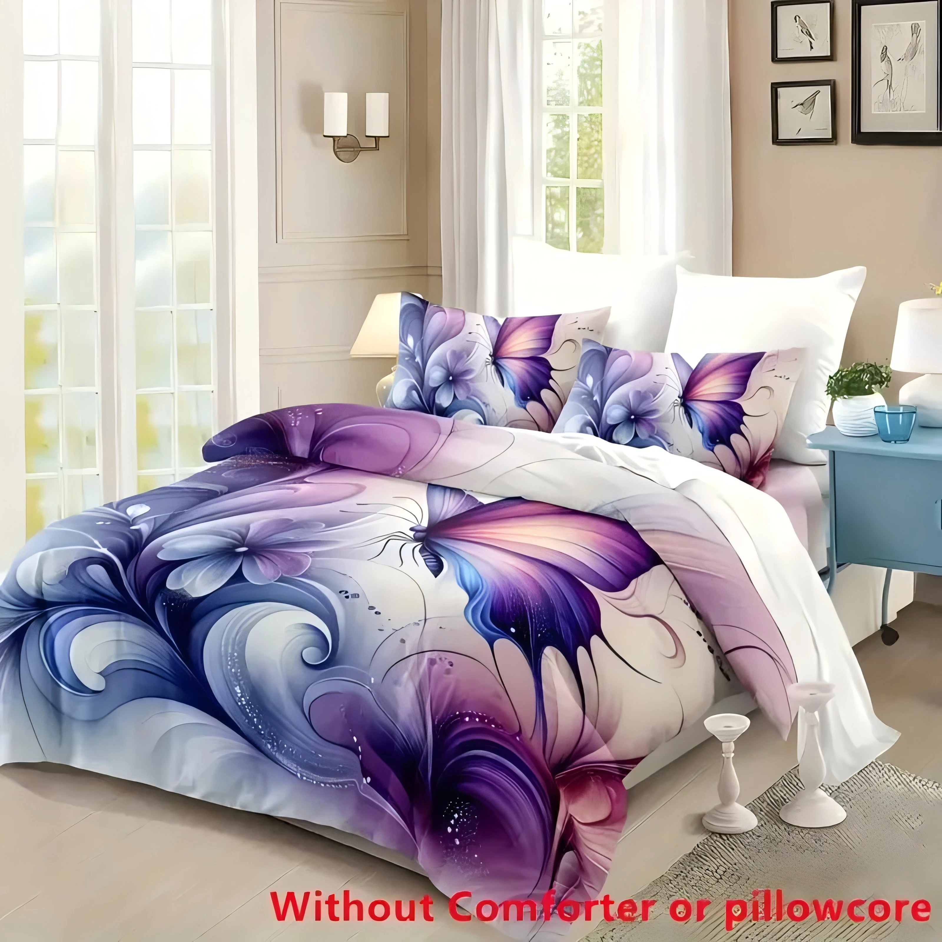 

Dreamy Blue Purple Butterfly Flower 3D Print Bedding Set For Kids Teens Adults Style Duvet Cover Soft Home Polyester Quilt Cover