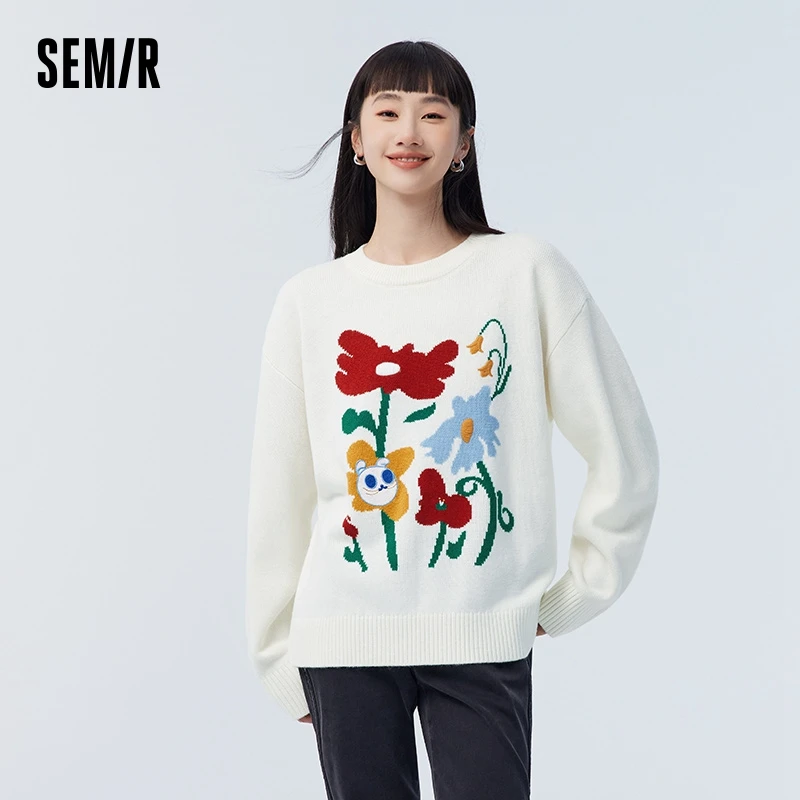 Semir Sweater Women Flower Jacquard Sweater Minority Spring Designer Series Sweet Gentle Loose Dropped Shoulder Top