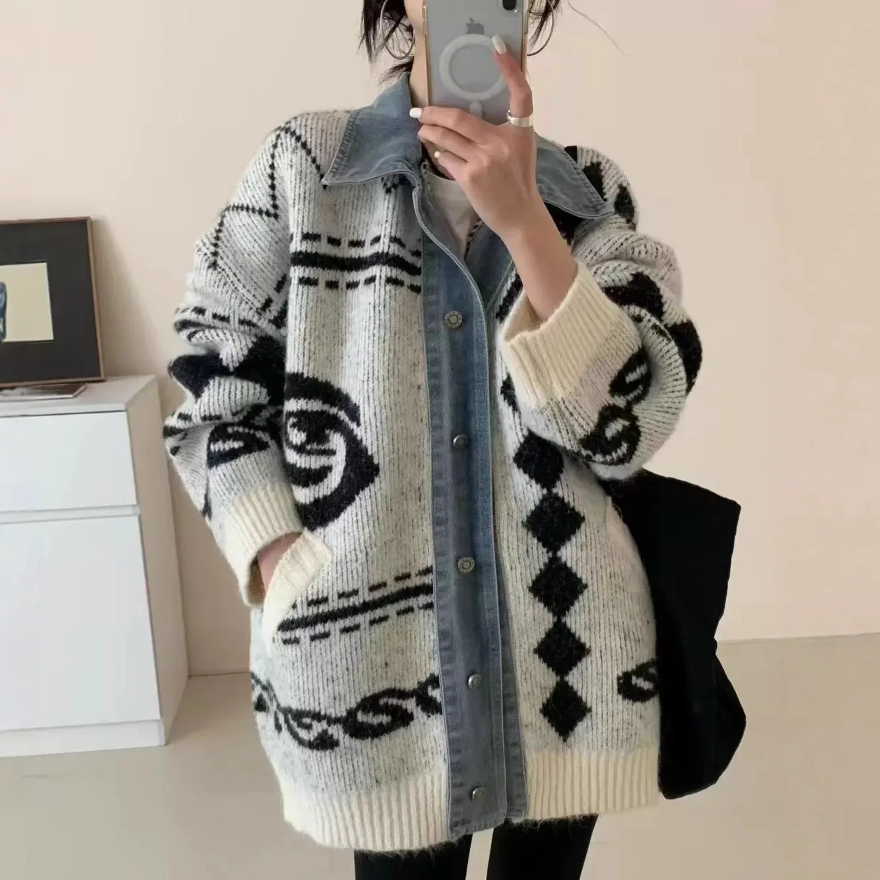 Dames gesplitst denim vest truien gebreide truien jacquard kraagvorm lange mouwen losse Y2k casual 2025, herfst winter