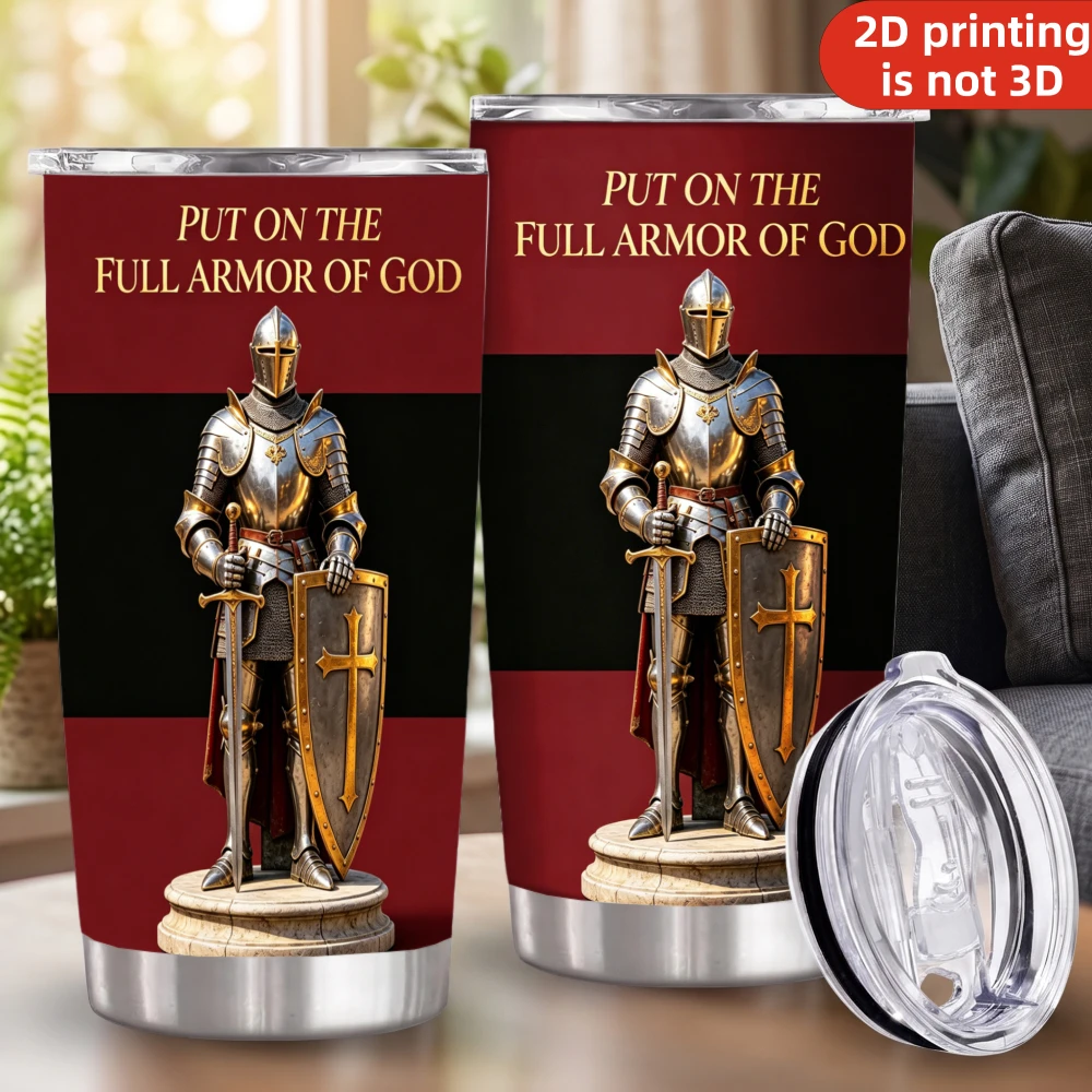 20oz Put On The Full Armor of God Printed Stainless Steel Tumbler with Lid and Straw, Christian Knight Sword Shield Vacuum Insulated Travel Mug Religious Gifts for Men