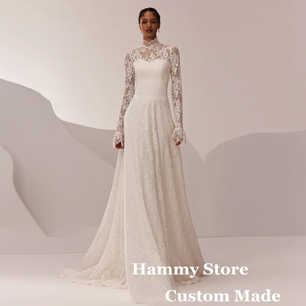 

Islamic Lace Wedding Dress Long Sleeves High Neck Illusion Back Zipper Buttons Sweep Train A Line Arab Bridal Gown Bride Dresses