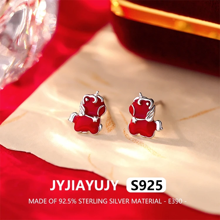 

JYJIAYUJY 100% Whole Original Sterling Silver S925 Stud Earrings With Red Zodiac Horse Fashion Jewelry Gift For Women Use E390