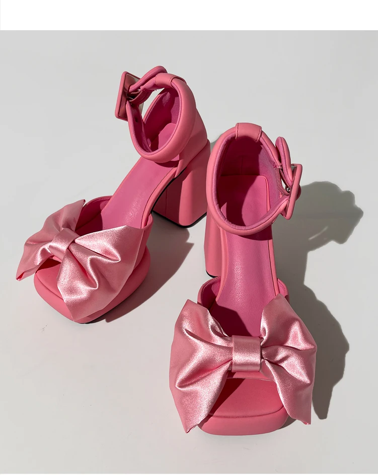 สีชมพูรองเท้าส้นสูงรองเท้าแตะผู้หญิงหวาน Girly สไตล์รองเท้าสุภาพสตรีสีดํารองเท้า Lolita รองเท้ารองเท้าส้นสูง