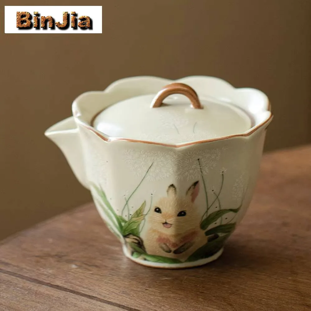 100Ml Cute Rabbit Flower Mouth Gaiwan Rice Yellow Ru Kiln Hand Grasping Tea Tureen Maker Cover Bowl Teaware Collection Gifts