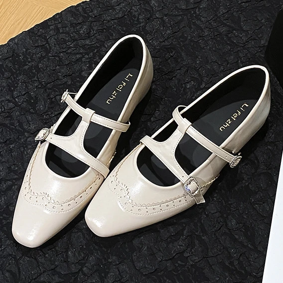 Plus Size35-43 Women Square Toe Mary Jane Shoes Retro Flat Leisure Shoes H Buckle Strap Girl's Dress Shoes Office Work Shoes